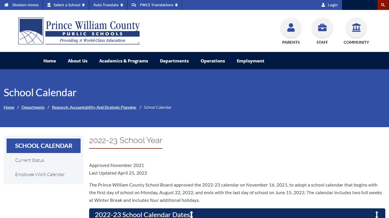 School Calendar - Prince William County Public Schools