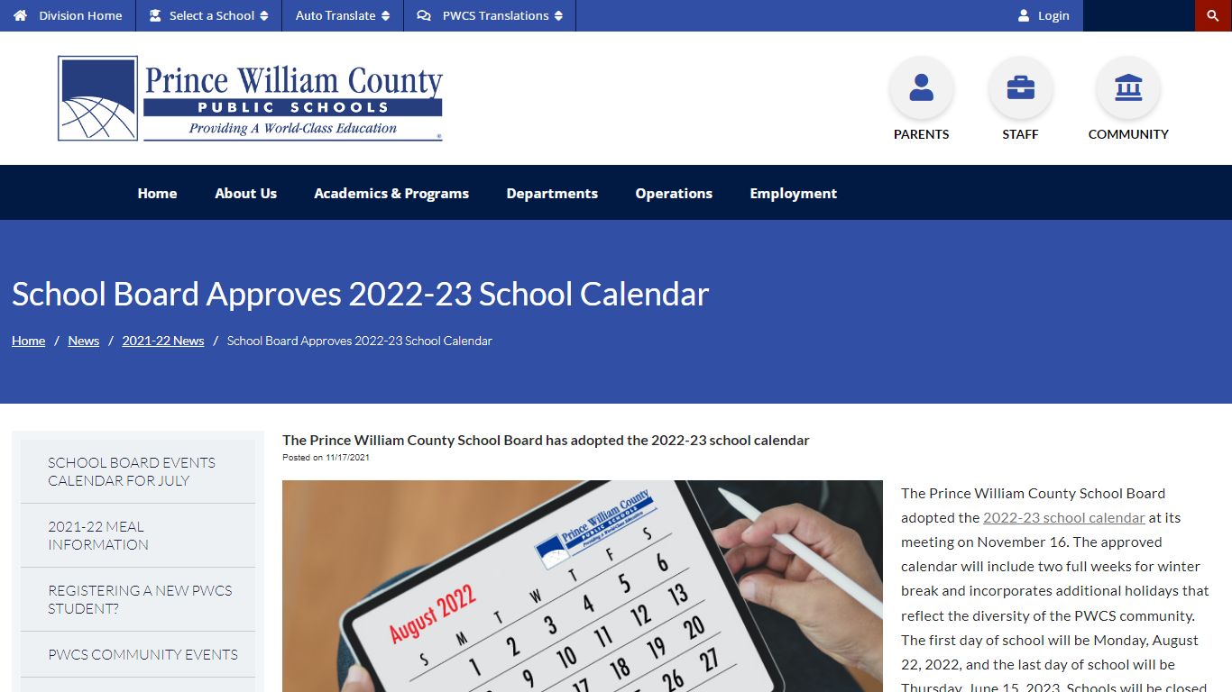 School Board approves 2022-23 school calendar - Prince William County ...
