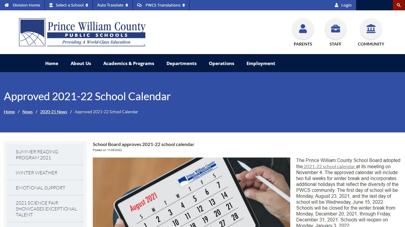 Approved 2021-22 School Calendar - Prince William County Public Schools